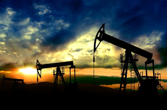 Oil pumps at sunset.