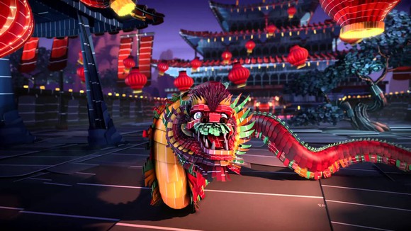 Dragon made from paint samples in front of buildings with Asian architectural styles and lanterns.