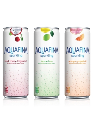 Three cans of Aquafina sparkling water.