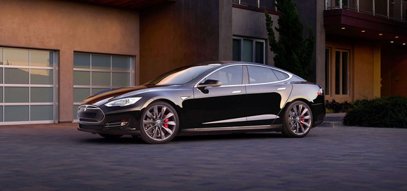 Tesla Model S in a driveway.