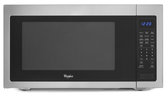 Whirlpool microwave oven in black with white trim.
