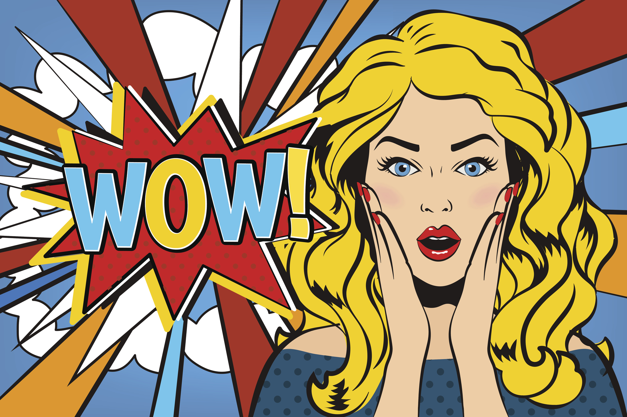 Cartoon-like illustration of a woman looking shocked with hands on her cheeks, next to the word "Wow!"