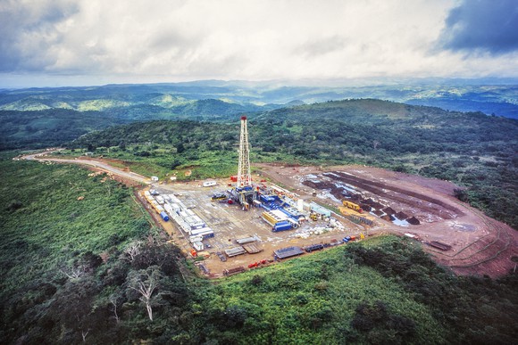 Drilling rig on top of a hill.