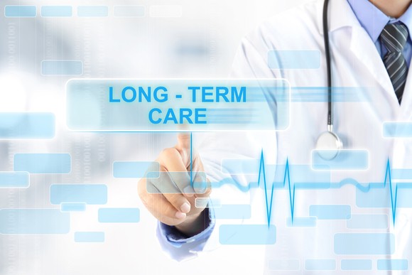 Doctor pressing a button with text long-term care on it.