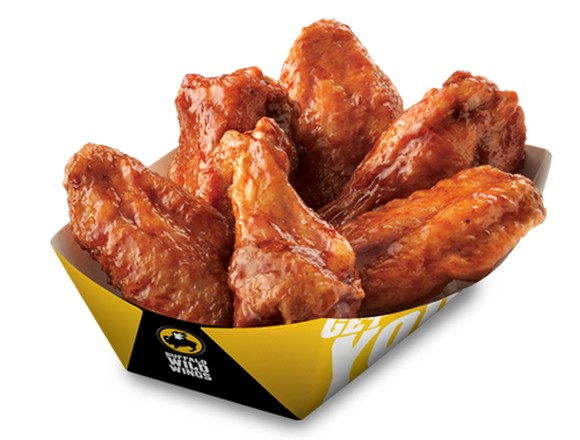 A small basket of B-Dubs bone-in chicken wings spun in BBQ sauce.
