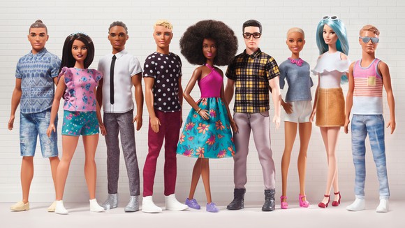 A diverse lineup of Barbie and Ken dolls from the new Fashionistas collection.