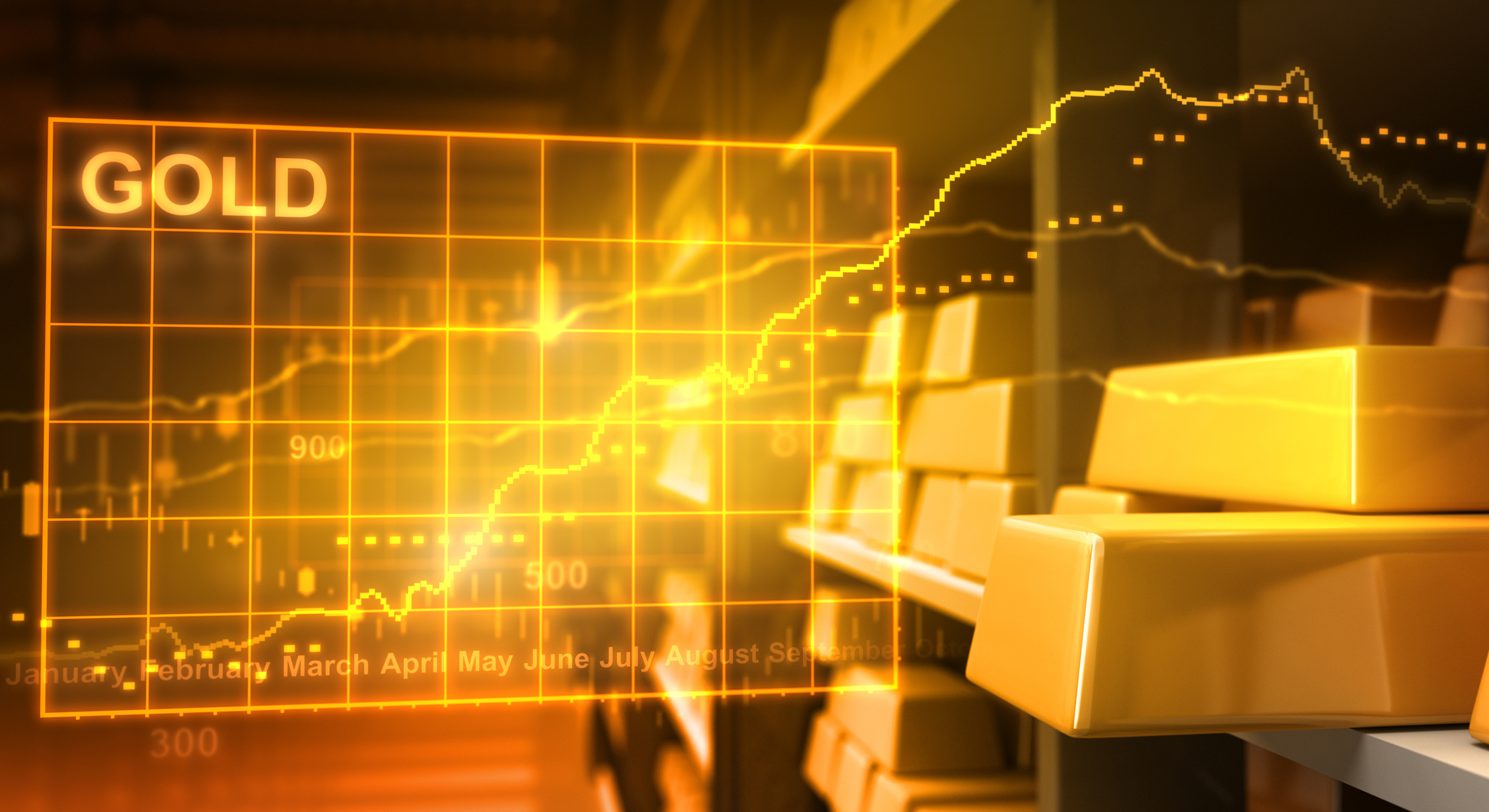 Gold bars stacked beside a chart labeled "gold" with rising lines.