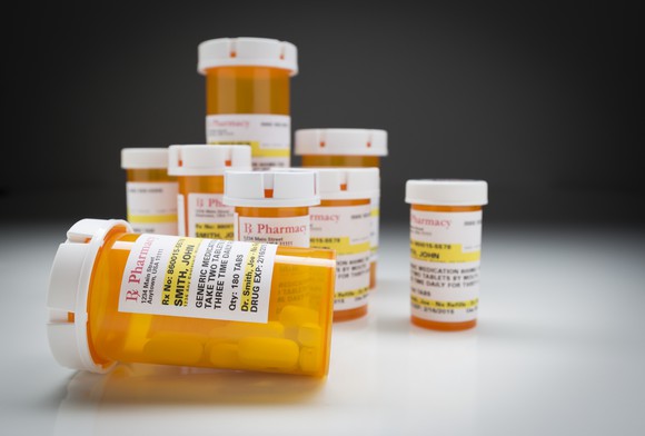 Pill bottles with prescription labels