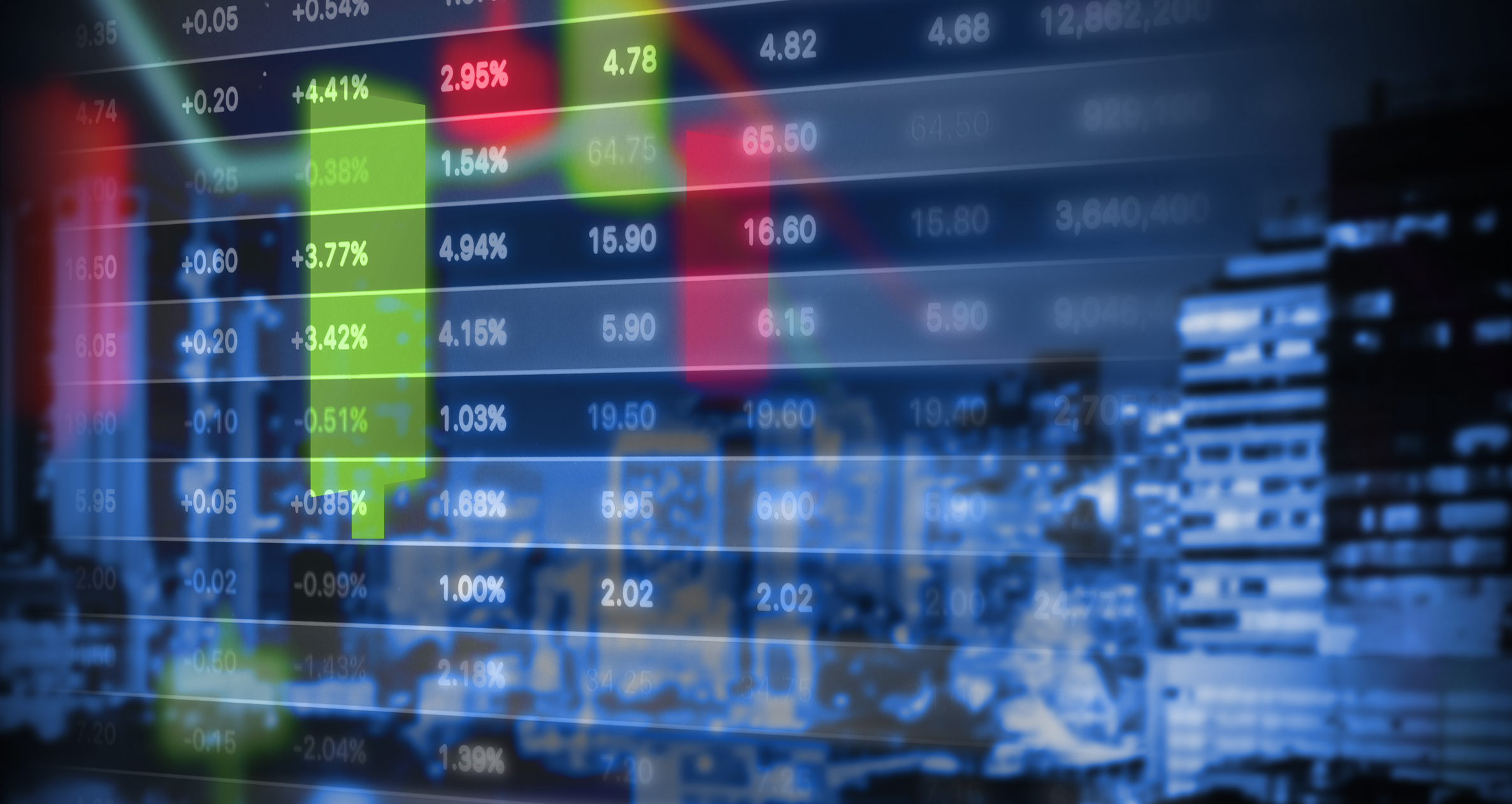 Market graph with numbers highlighted in green and red