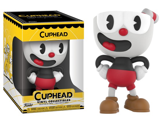 A collectible doll based on the video game Cuphead.