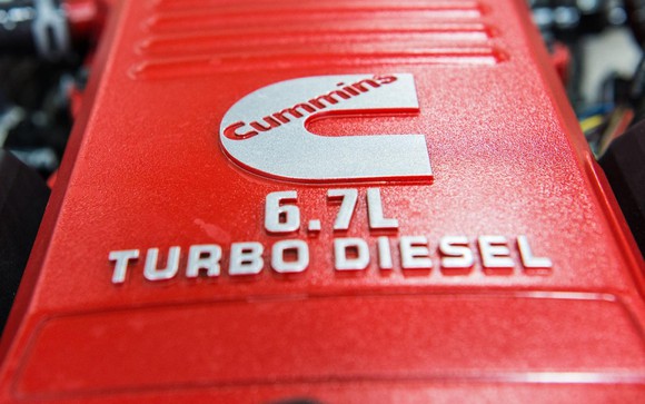Cummins turbo-diesel engine in red with the Cummins logo on it.