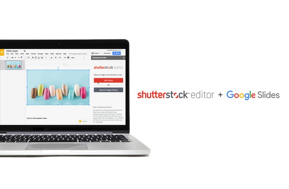 Laptop running Shutterstock's editor program along with a tech company's slide service.