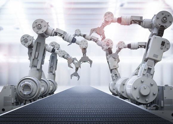 Illustration of robots on an assembly line.