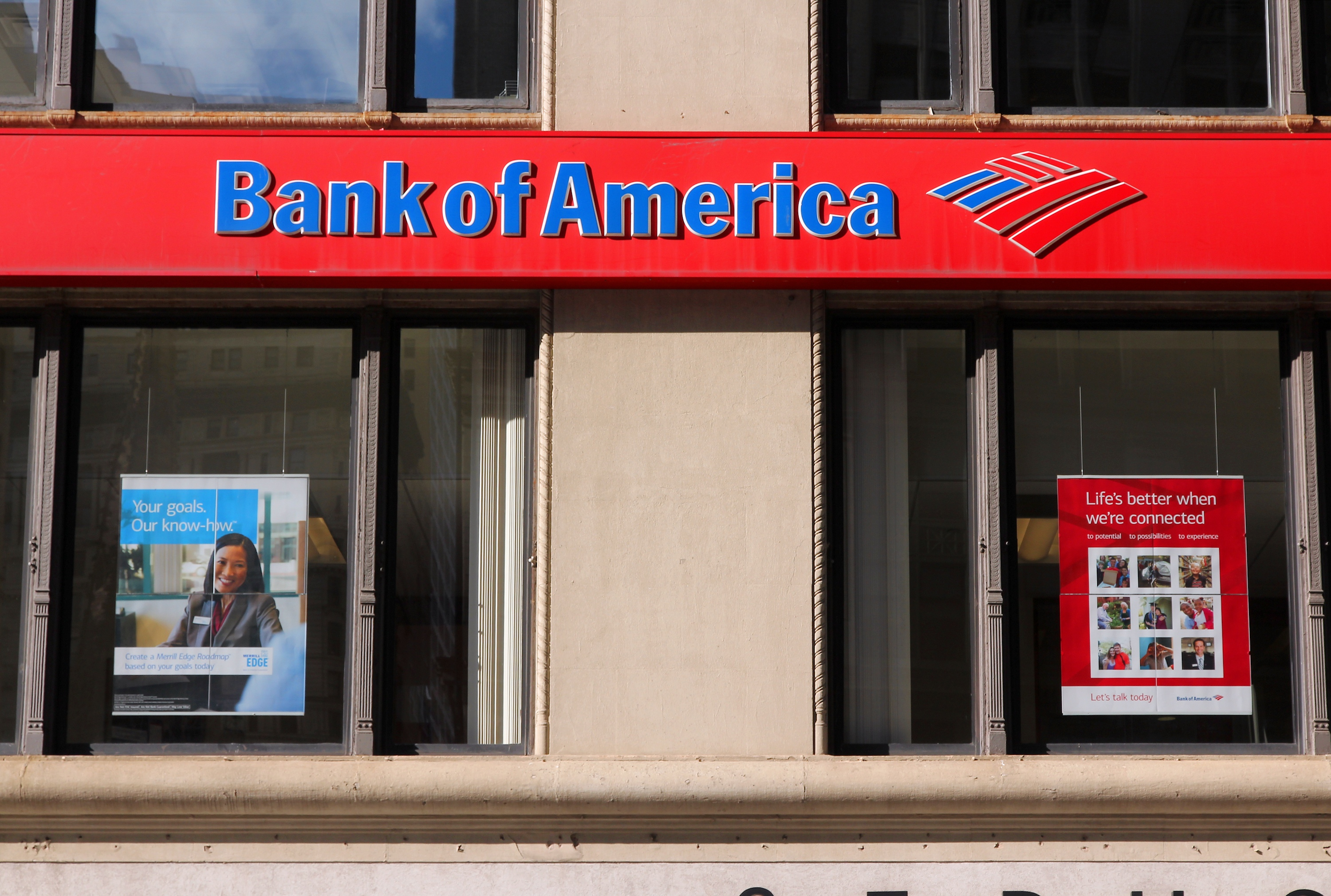The exterior of a Bank of America branch