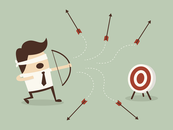 Cartoon of a man shooting arrows while blindfolded.