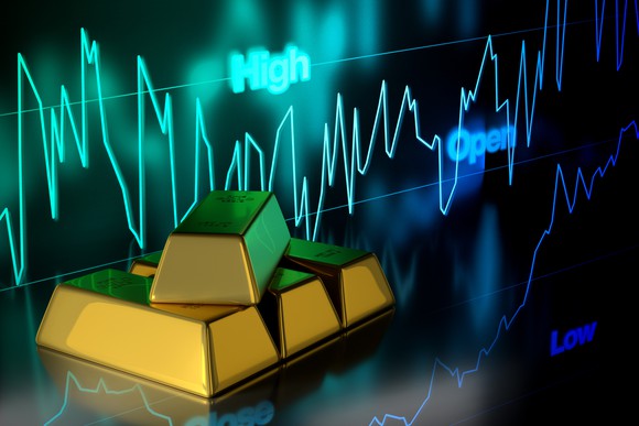 Gold bars with a graph in the background.