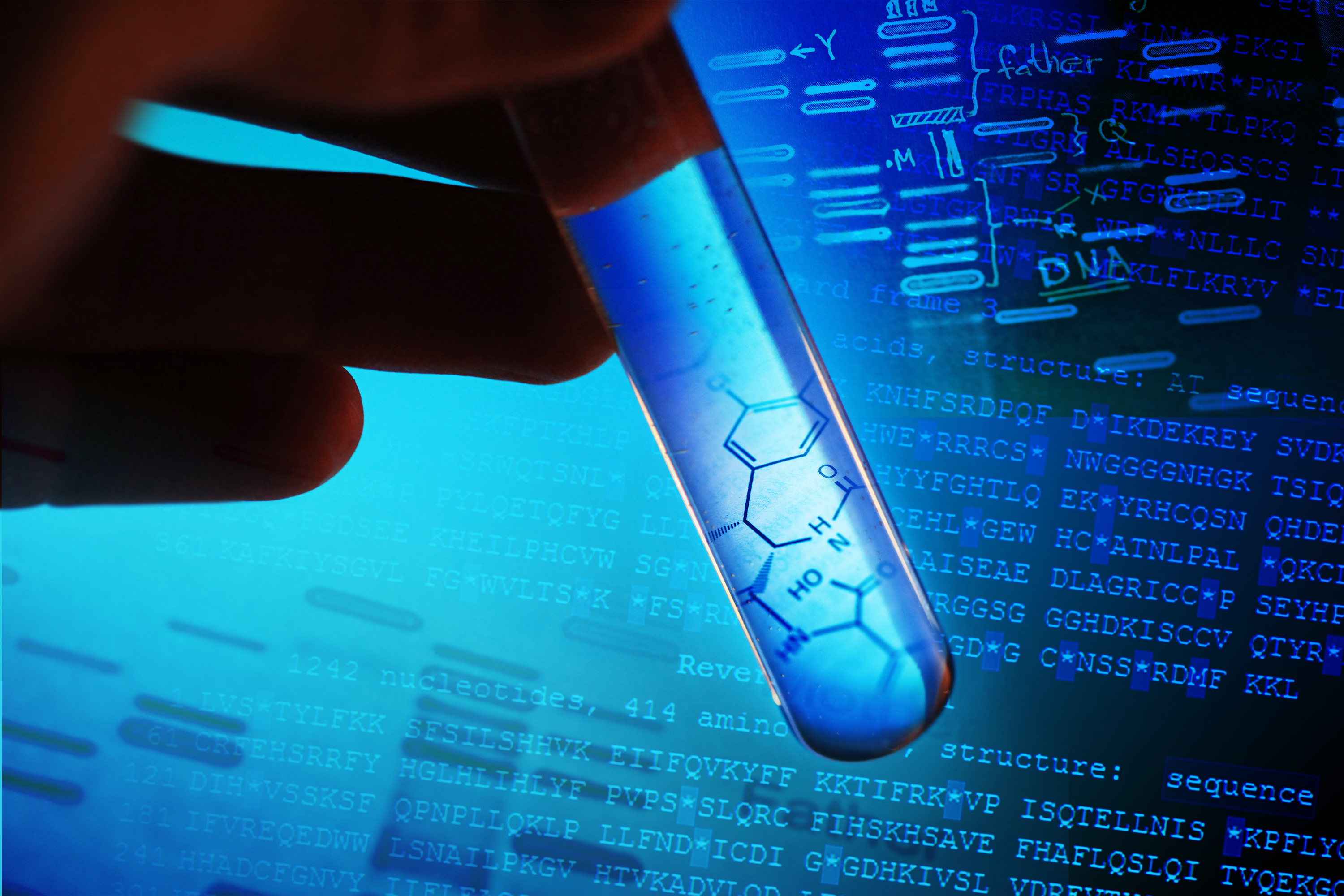 Hand holding test tube with chemical structures and DNA sequences in background.