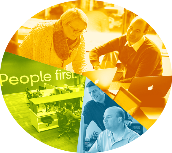 Colored pie chart composed of photos that include various workers and the logo People First.