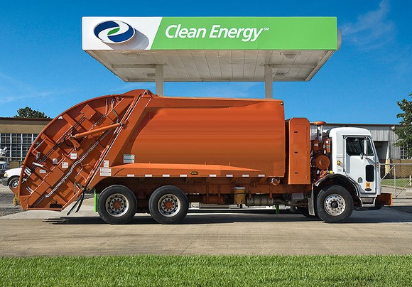 Trash truck refueling at a Clean Energy Fuels station.