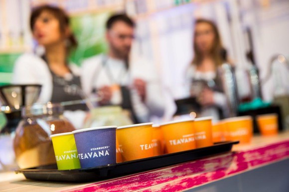 Teavana cups are shown on a tray