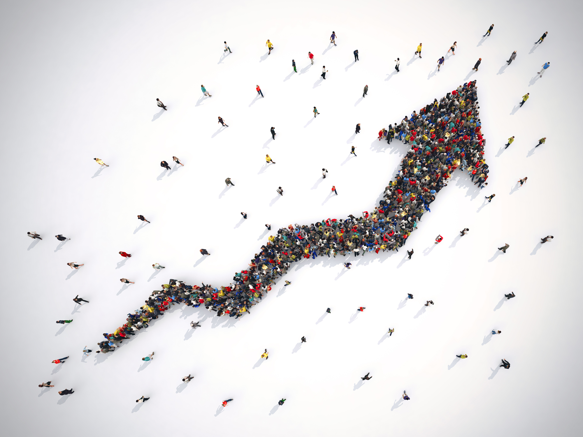 An arrow composed of people standing together