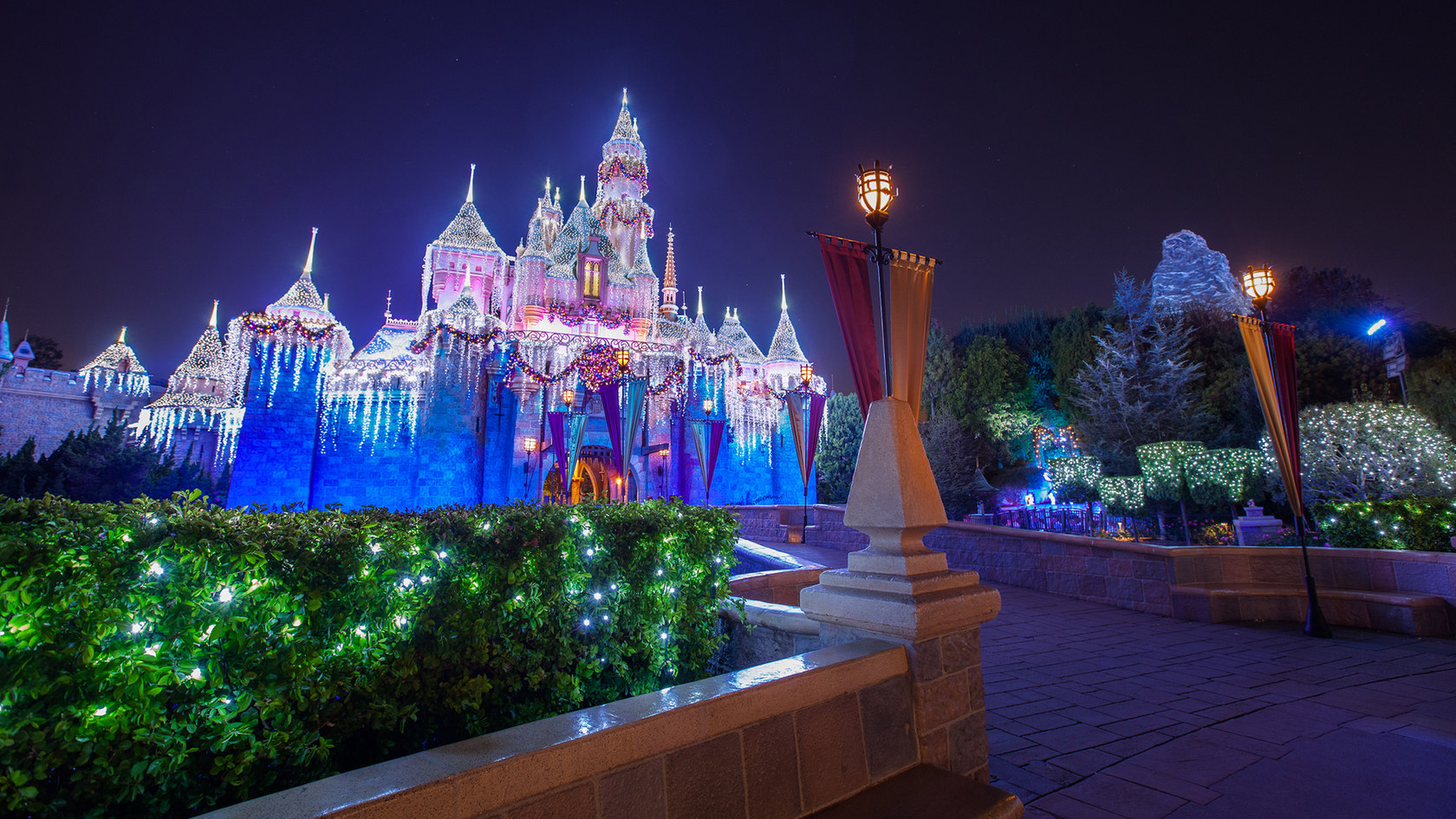 Disneyland's Sleeping Beauty Castle lit up at night