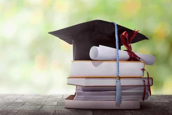 College graduation cap and rolled up degree sitting atop a stack of books