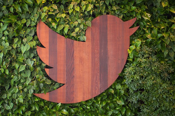 Close up picture of the Twitter logo of a small bird chirping.