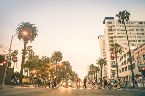 A busy crosswalk in Santa Monica, California.