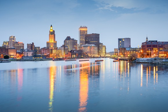 Providence, Rhode Island downtown as seen from across a body of water.