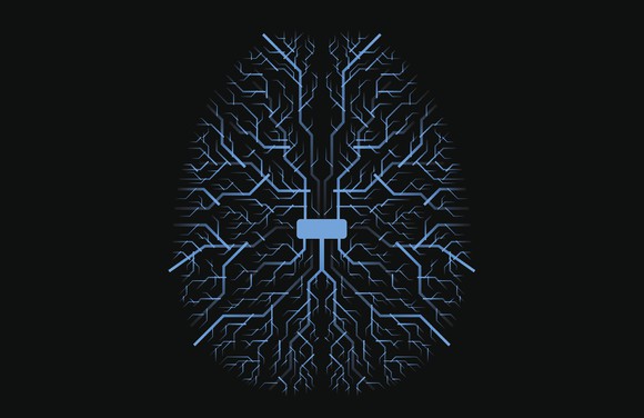 Graphic of brain with circuits on black background.