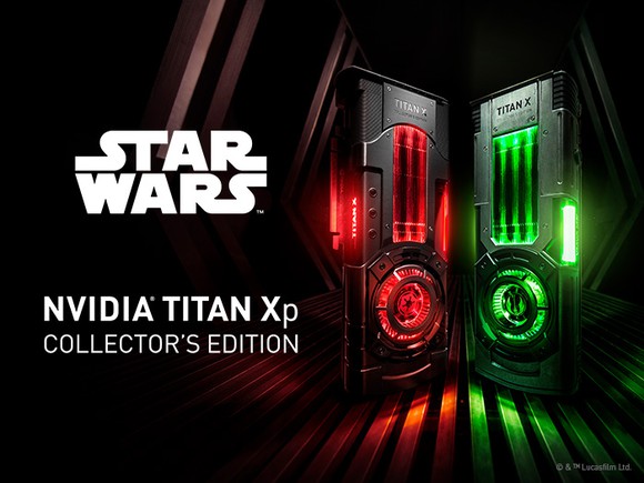 NVIDIA Titan Xp collector's edition red-lit and green-lit graphics cards with the words Star Wars next to them.