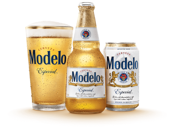 Modelo beer glass, bottle, and can