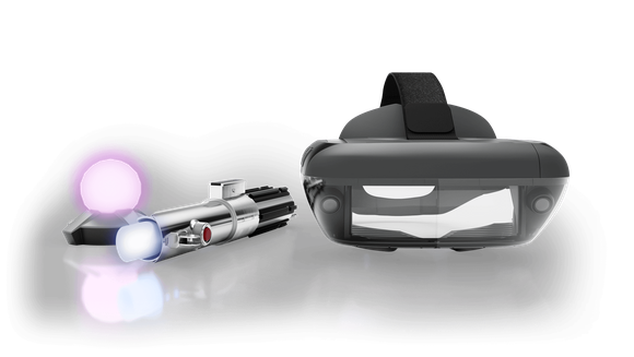 The Jedi Challenge headset, lightsaber, and floor beacon.