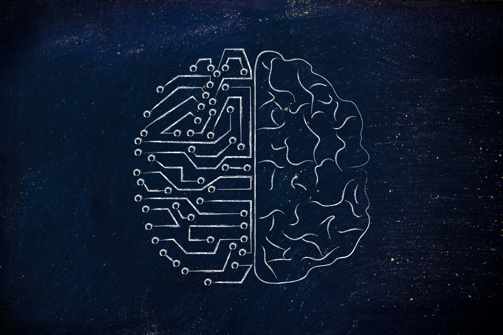 Graphic of a brain with one side being a circuit board.