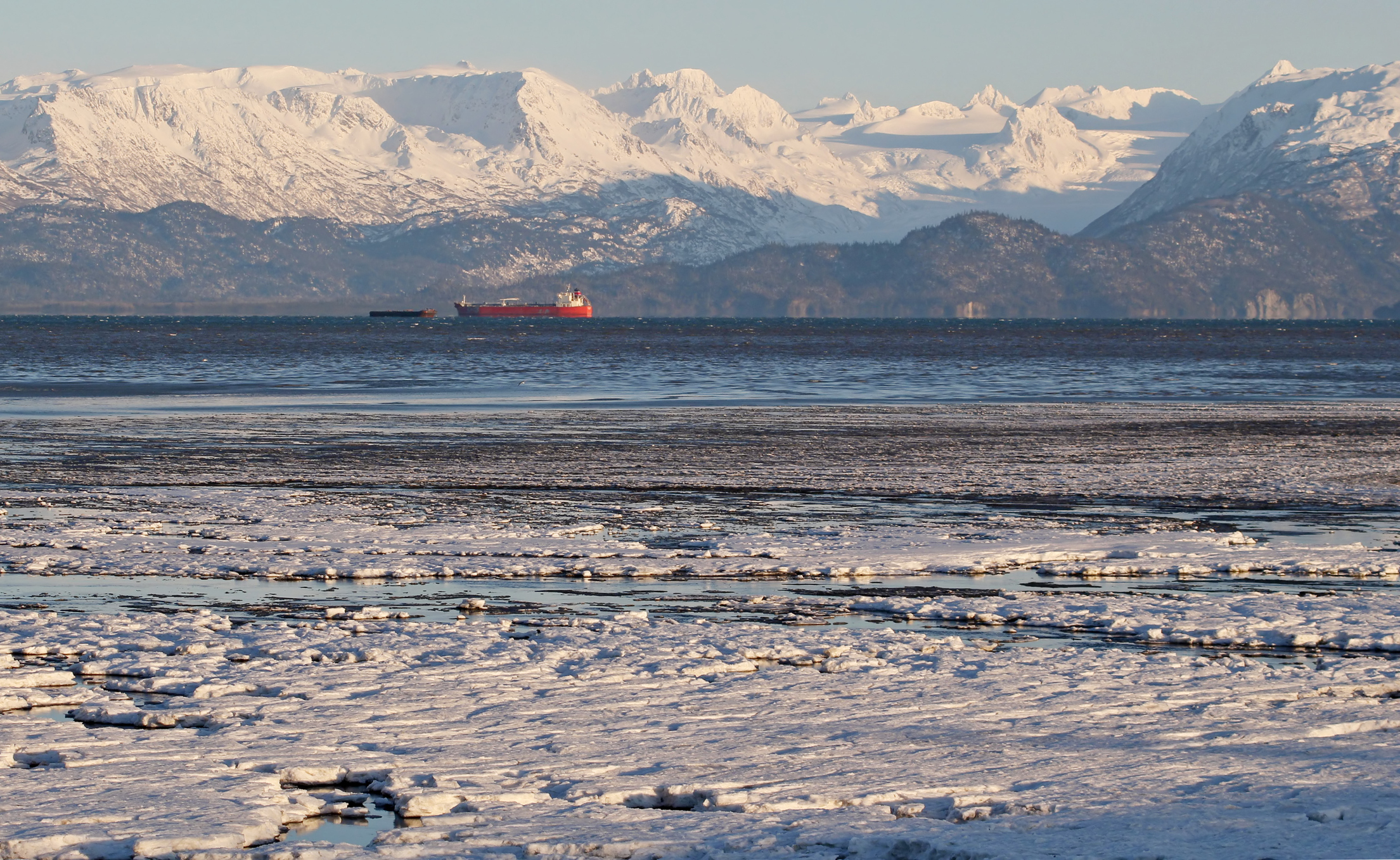 An oil tanker in the icy waters off Alaska.
