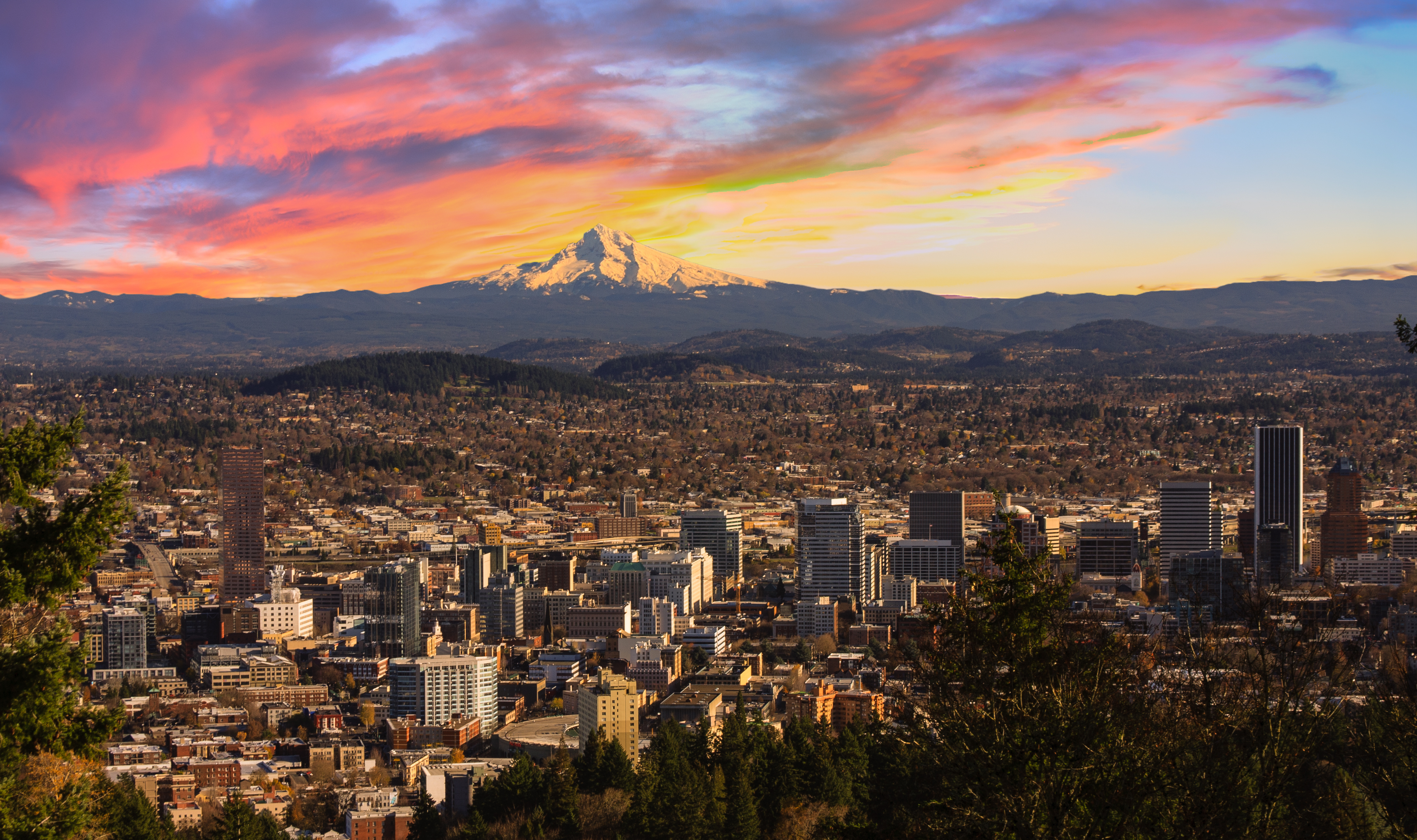Portland, Oregon with Mount Hood in the background.