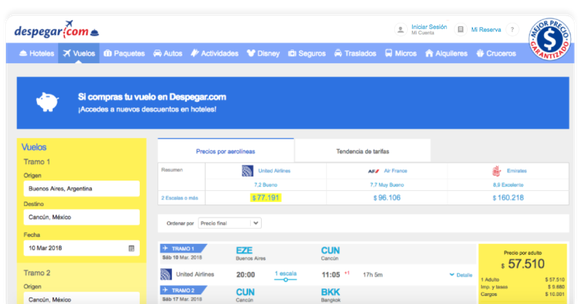 Despegar's booking screen with a sample fare.