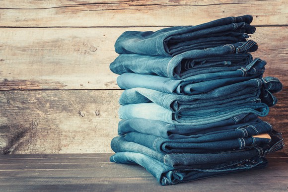 Stack of denim jeans