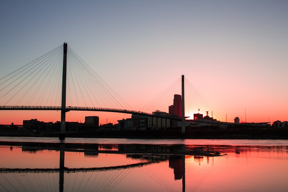 Omaha Nebraska skyline and the Kerrey Pedestrian Bridge at sunset