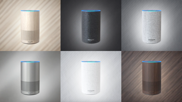 Six different Amazon Echo speakers, each with a different exterior material.