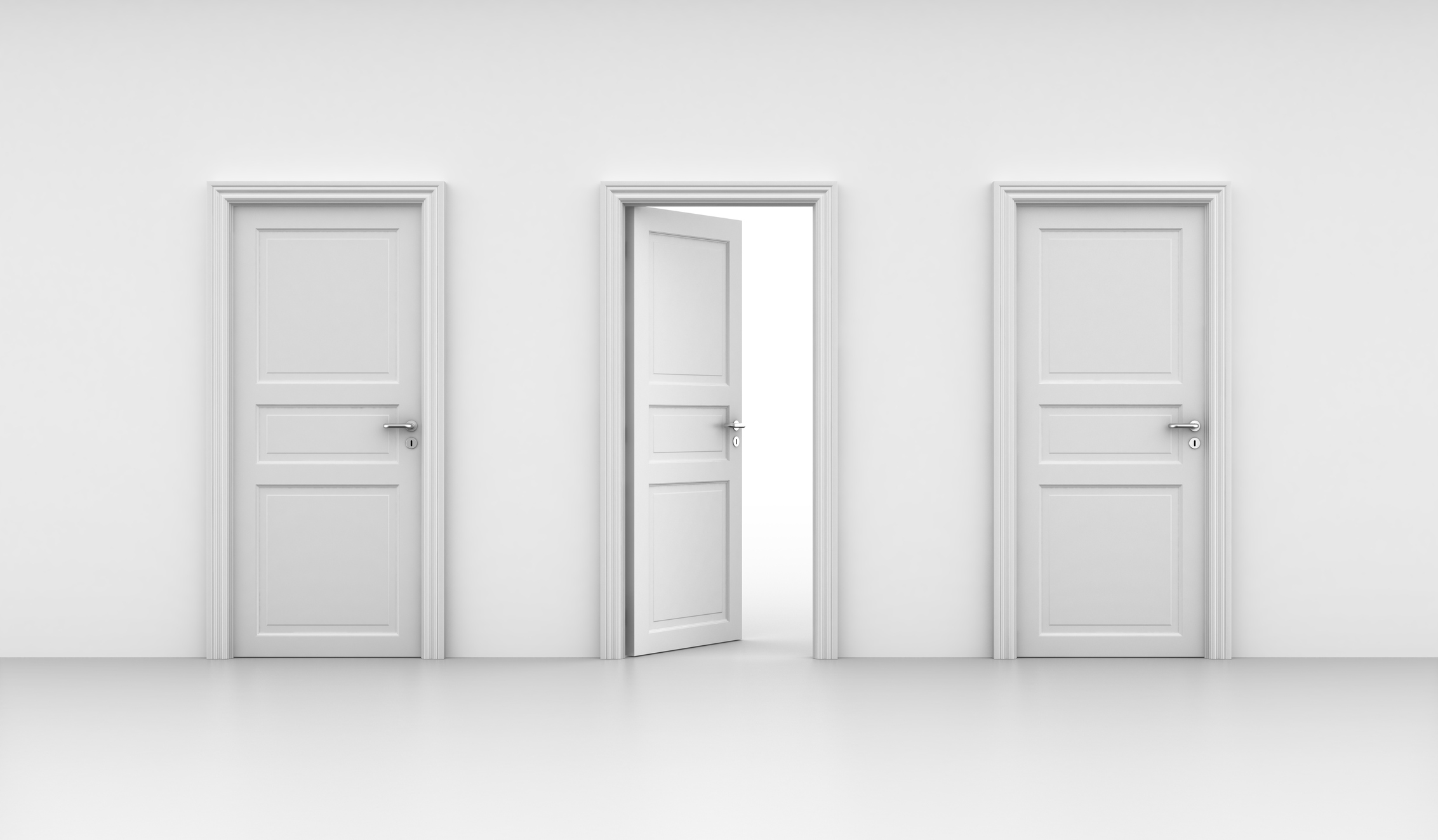 Three white doors with the center one opened