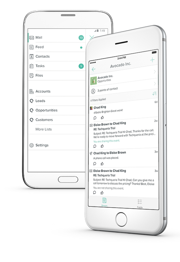 Two smartphones displaying Salesforce's customer relationship management software on the screens.