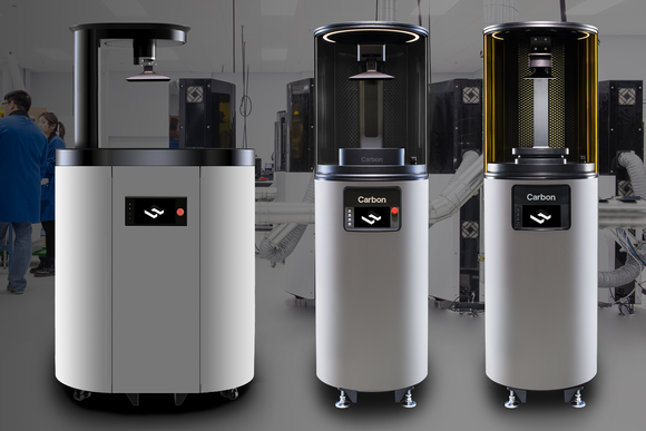Several interconnected components (3D printers, possibly parts washers) that comprise Carbon's Speed Cell, its system aimed at manufacturing applications.