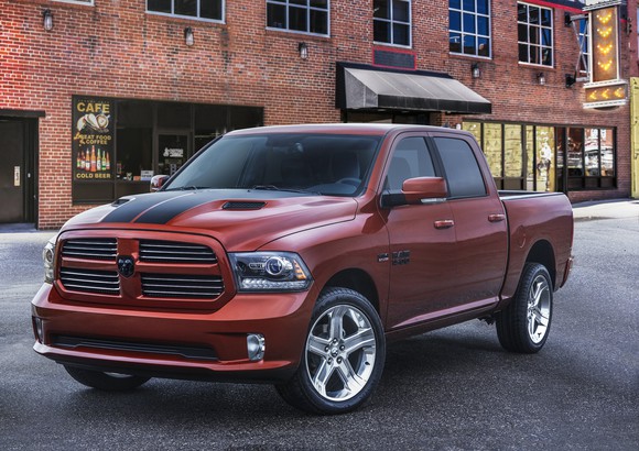 Một chiếc đón khách từ năm 2017 Ram 1500 đỗ bên ngoài tòa nhà công nghiệp gạch.