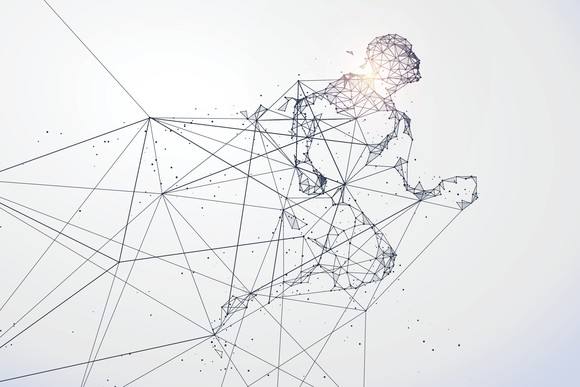 A drawing of a man made by intersecting lines.