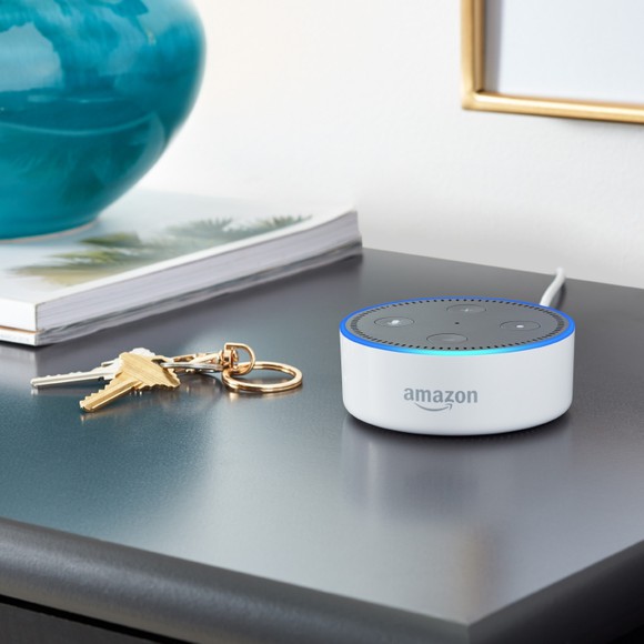 A white Amazon Echo Dot