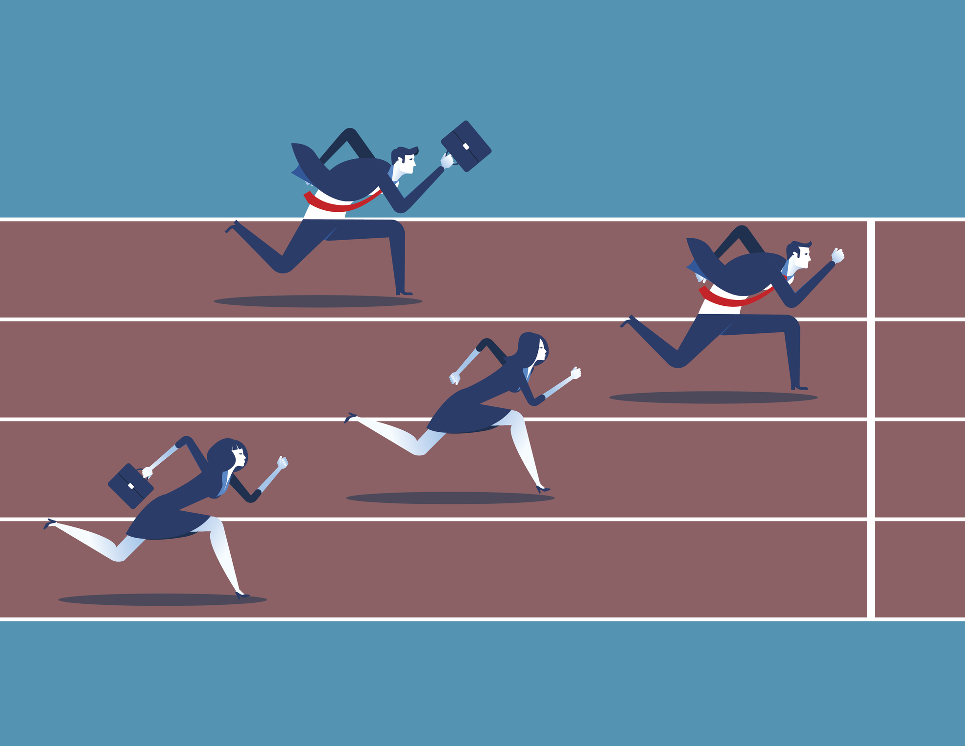 Graphic image of two businessmen and two businesswomen running on a race track, with one businessman about to cross finish line.
