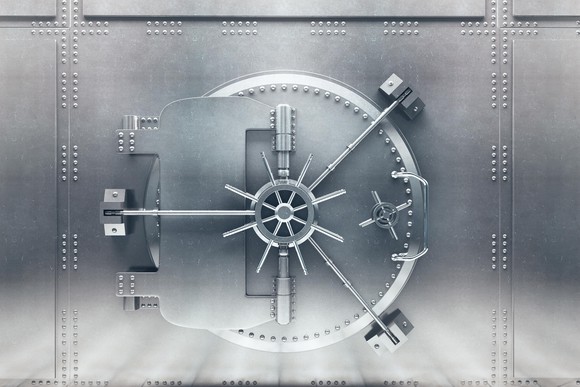 Front of a bank vault that is closed