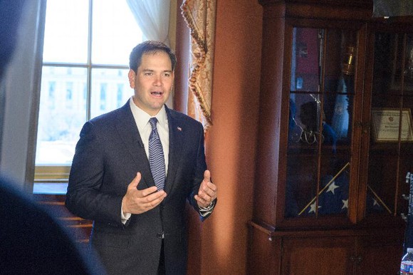 Senator Marco Rubio rehearsing a speech.